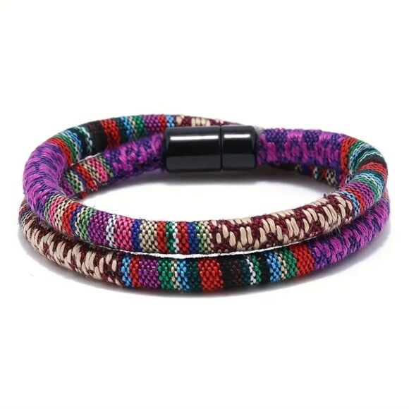 Black Stainless Steel Rope Bracelet Unisex Handmade Double Layer Purple Colors - Picture 1 of 5